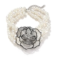 Three-layer pearl flower necklace with large silver and black floral pendant and crystals - White K / Silver