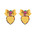 Vintage style heart drop earrings with colorful crystals and golden bow tie detail - Colorful