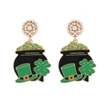 Pendientes de San Patricio dorados con trébol, olla de oro y perlas finas - Verde