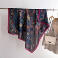 Detail of silk scarf floral pattern hanging with a beige blazer and white handbag - Navy Blue Vintage Pattern (FE182-3)