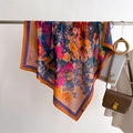 Close-up of premium silk-like floral square scarf with purple contrast stitched edges - Rice Pink Colorful Flowers (FM300-2)
