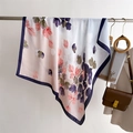 Detailed view of floral silk scarf featuring soft leaf prints and navy blue contrast borders - Pink White (FM301-2)