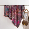 Detailed shot of large floral satin scarf with tropical print and elegant brown hem - Rose Red Tropical Plants (FM205-4)