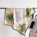 Silk-like square scarf featuring lotus and koi fish print with elegant green border - 70*70cm / Green