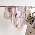 Elegant 70cm silk-feel square scarf featuring red-crowned crane and floral print - 70*70cm / Khaki (FJ956-2)