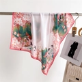 Satin neck scarf with traditional Chinese lotus and koi print shown hanging on a rack - 70*70cm / Pink
