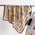 Detail of silk-like satin square scarf featuring paisley and houndstooth patterns - Coffee (FJ960-5)