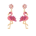 Pink flamingo drop earrings with flower stud and crystal wings in gold alloy - Pink Flamingo (Mixed Color)