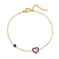 Pulsera dorada con gema azul y colgante de corazón pavé de piedras azules y blancas - Estilo Corazón (B0238G)