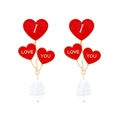 Orecchini a cuore in smalto rosso con scritte I Love You e pendenti di perle bianche - Rosso