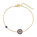 Detalle de pulsera ojo turco dorada con circonitas azules y cierre de mosquetón - Estilo de Ojo del Diablo Redondo (B0239G)