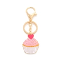 Pink enamel cupcake keychain with pearl accents and heart charms on a gold lobster clasp - Pink Cupcake Style(A)