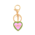 Pink heart keychain with gold thorns and green border on a gold lobster clasp - Pink
