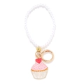 Cute pink cupcake enamel pendant keychain with white faux pearl beads and gold ring - Pink Cupcake (A)