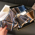 Geometric color-block silk twilly scarf in brown and navy blue with white borders - Coffee and Navy Blue (LE4-2)