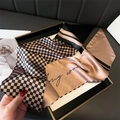 Houndstooth silk scarf with Stay Romantic text print in luxury champagne and black box - Khaki (stay romantic)