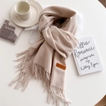 Detailed macro view of soft beige knit scarf with tassels and brown leather brand label - Beige