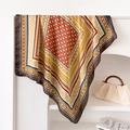 Close-up of vintage geometric floral print satin scarf styled on a white rack - 70cmx70cm / Coffee Border(FJ948-3)