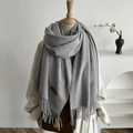 Minimalist grey wool-like scarf for women with long tassels and premium leather label - Misty Grey