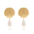 Elegant gold scallop shell earrings with baroque pearl pendants for a beach vacation look - Gold
