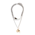 Mehrlagige Kette mit Horn-Anhänger, Münze und Perle in Gold-Silber-Mischung für Damen - Silber