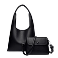 Two-piece black tote and crossbody bag set in textured litchi grain leather - Large Tote And Small Crossbody Bag Collection / Black