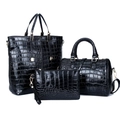 Set 3 pezzi borse da donna nere goffrate coccodrillo con borsa shopping e dettagli oro - Nero