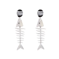 Statement silver alloy fishbone drop earrings with black and white striped details - Silver