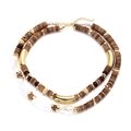 Bohemian double-layer beaded necklace with brown wood discs and gold-tone curved tubes - Brown Mixed (Style A)