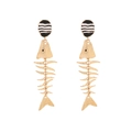 Vintage long fishbone drop earrings with black and white stripes in gold-plated alloy finish - Gold