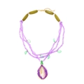 Handmade multi-layer lavender crystal beaded necklace with green leaf and drop pendant - Purple/Multi-color