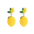 Creative yellow lemon drop earrings with green rhinestone leaves in a vibrant summer design - Yellow Lemon Style (A)