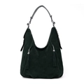 Sac hobo en daim mat vert foncé avec pompons vintage et détails en métal argenté - Vert