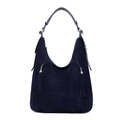 Dark blue suede hobo shoulder bag with tassel charms and silver rivet decorations - Blue