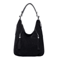 Sac hobo noir en daim avec franges décoratives et clous argentés sur la bandoulière - Noir