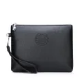 Detail of black textured leather clutch bag with embossed logo and wrist strap - Bark Pattern Style 1 / Black (Bark Pattern)