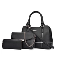 Three-piece black lychee pattern tote set including a handbag, chain bag, and wallet - Black