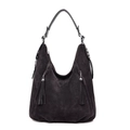 Sac hobo en simili daim anthracite avec pampilles à franges et clous argentés - café