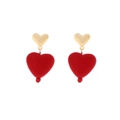 Stylish gold and red resin heart drop earrings featuring a double heart pendant design - Red