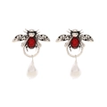 Orecchini a ape vintage in argento con gemme rosse, strass e perle a goccia - Argento Antico