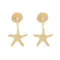 Gold plated starfish and shell drop earrings with white pearls for summer beach vacation - Gold
