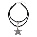 Double-layer starfish and seashell pendant necklace on black cords with silver-tone finish - Silver Starfish and Shell Pendant (A)
