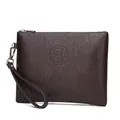 Men's dark brown PU leather business clutch bag with wristlet and embossed logo - Plain Style 2 / Dark Coffee (Plain)