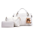Three-piece white snakeskin embossed faux leather handbag set with a plush bear charm - White