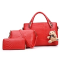 Red three-piece women's handbag set in crocodile embossed leather with teddy bear charm - Red
