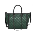 Dark green quilted leather tote bag with black stitching and decorative chain strap - Green