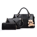Black crocodile embossed tote bag set with matching wallet and bear charm - Black