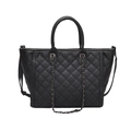 Black quilted tote bag with diamond pattern, round handles and stylish chain detail - Black