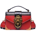 Red crossbody square bag with gold lion head hardware and rivet accents in leather - Red