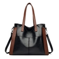 Bolso tote grande bicolor en negro y marrón de piel sintética con correa y detalles plateados - Negro